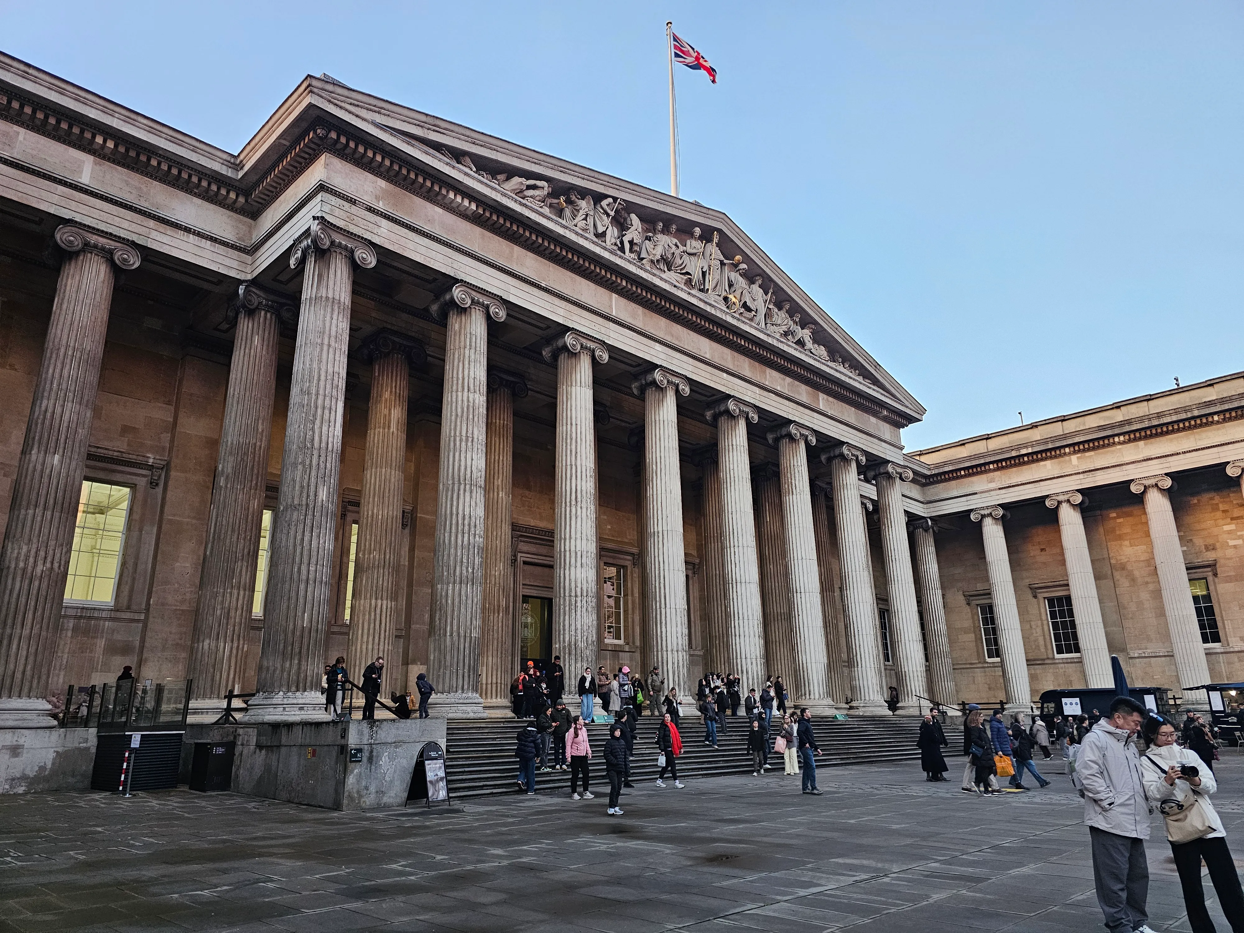 The columned entrance of the British Museum in London