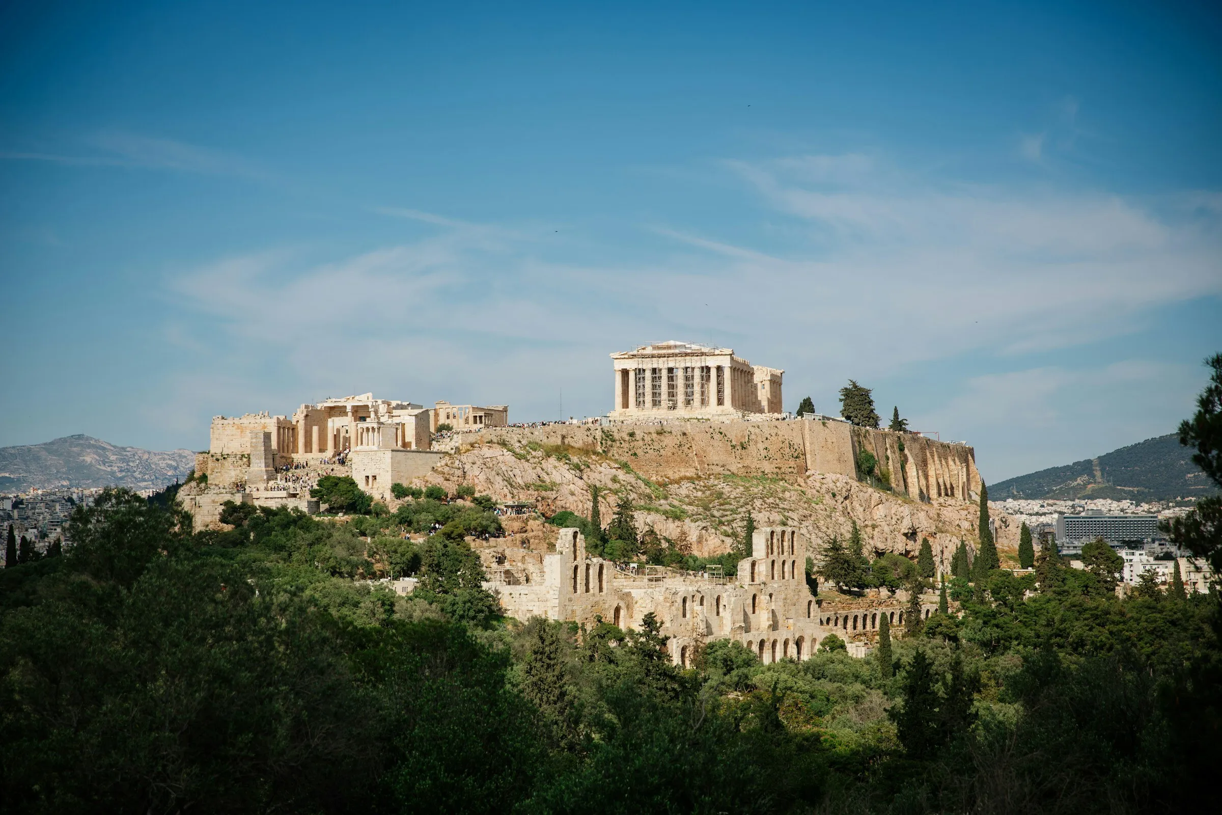 The Acropolis rising above Athens beneath a clear blue sky