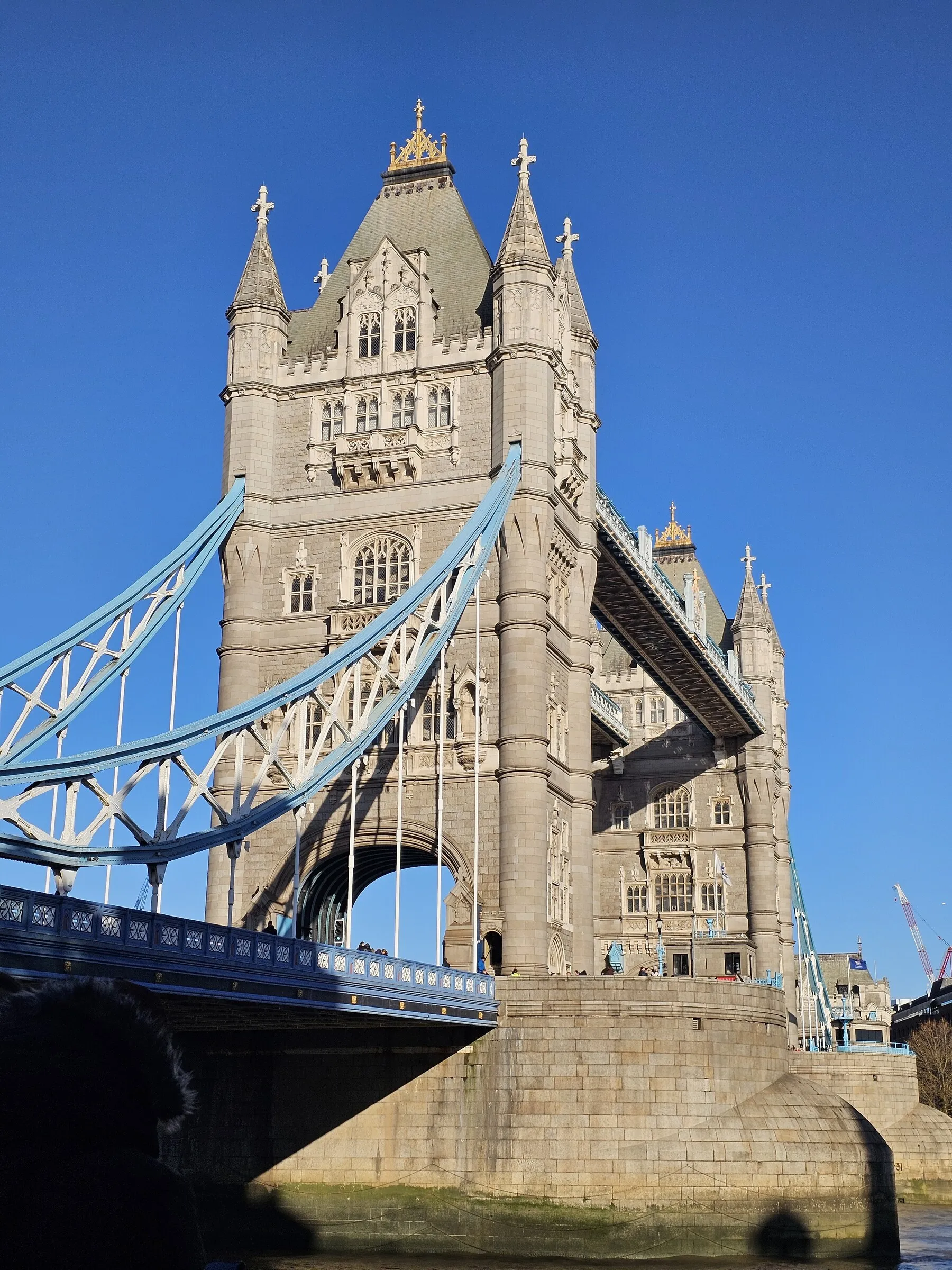 Tower Bridge in London beneath a clear blue sky