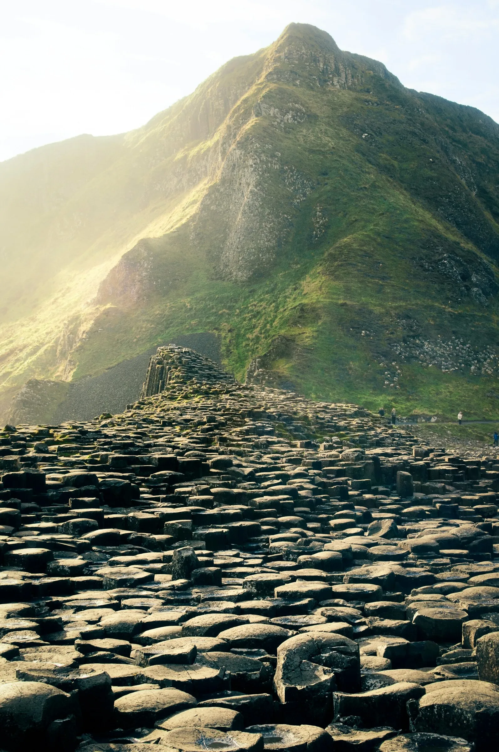 The basalt columns of the Giant’s Causeway beneath a green coastal mountain