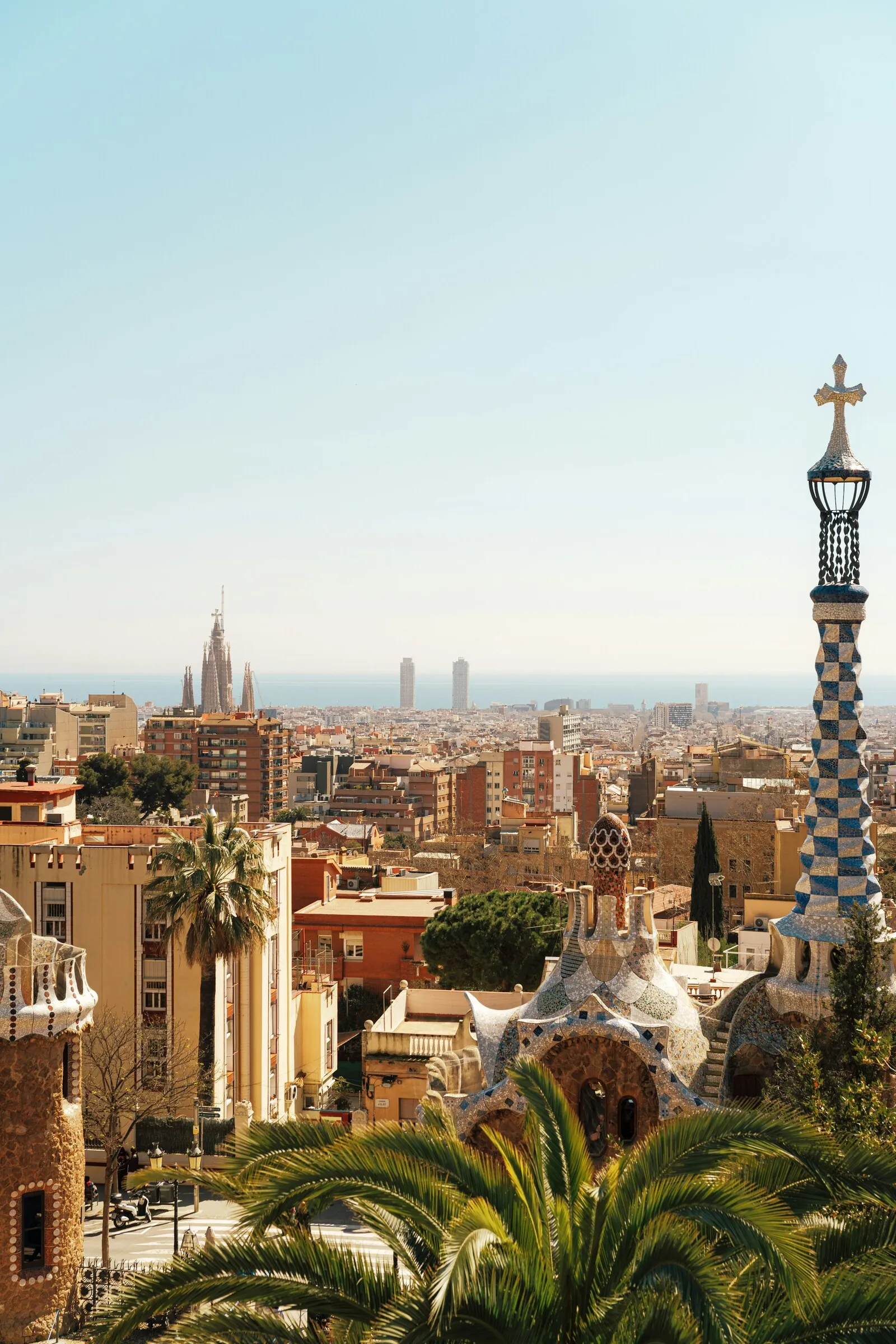 Barcelona seen from Park Güell, with Gaudí architecture and the Sagrada Família in the distance